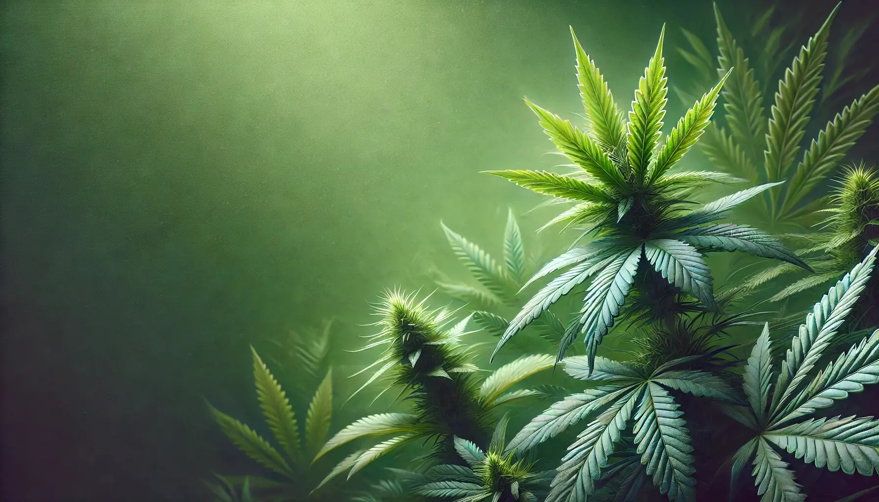 A realistic high quality cannabis themed website background with softly on the cannabis leaves and a smooth green