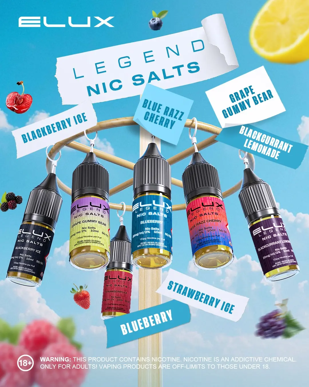 Elux Legend Nic Salts 10ml range: any 5 for £12 with 56 flavours to choose from at Hulme Vapes